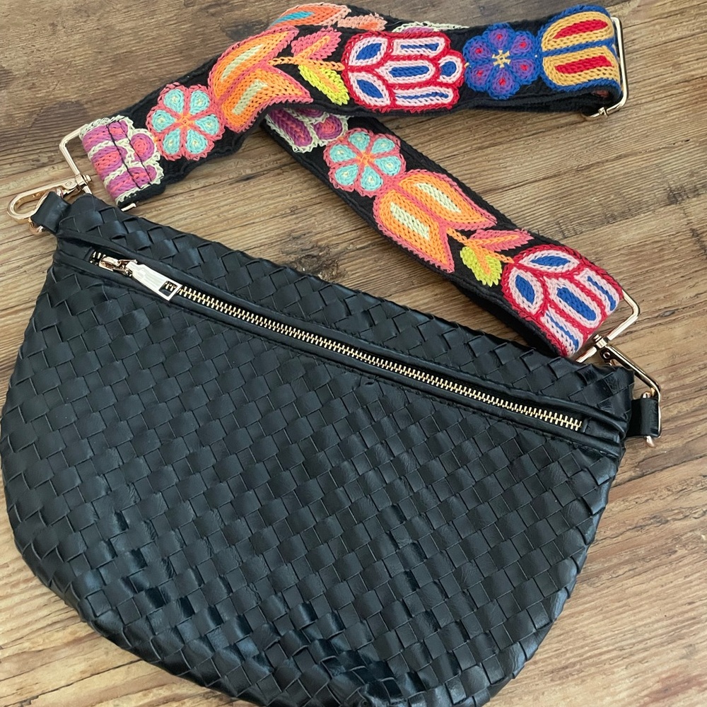 Black Woven Crossbody Bag with Colorful Strap